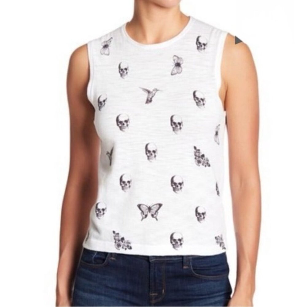 Skull Cashmere Sleeveless Knit Tank White Skull Butterfly Muscle Tee Size S